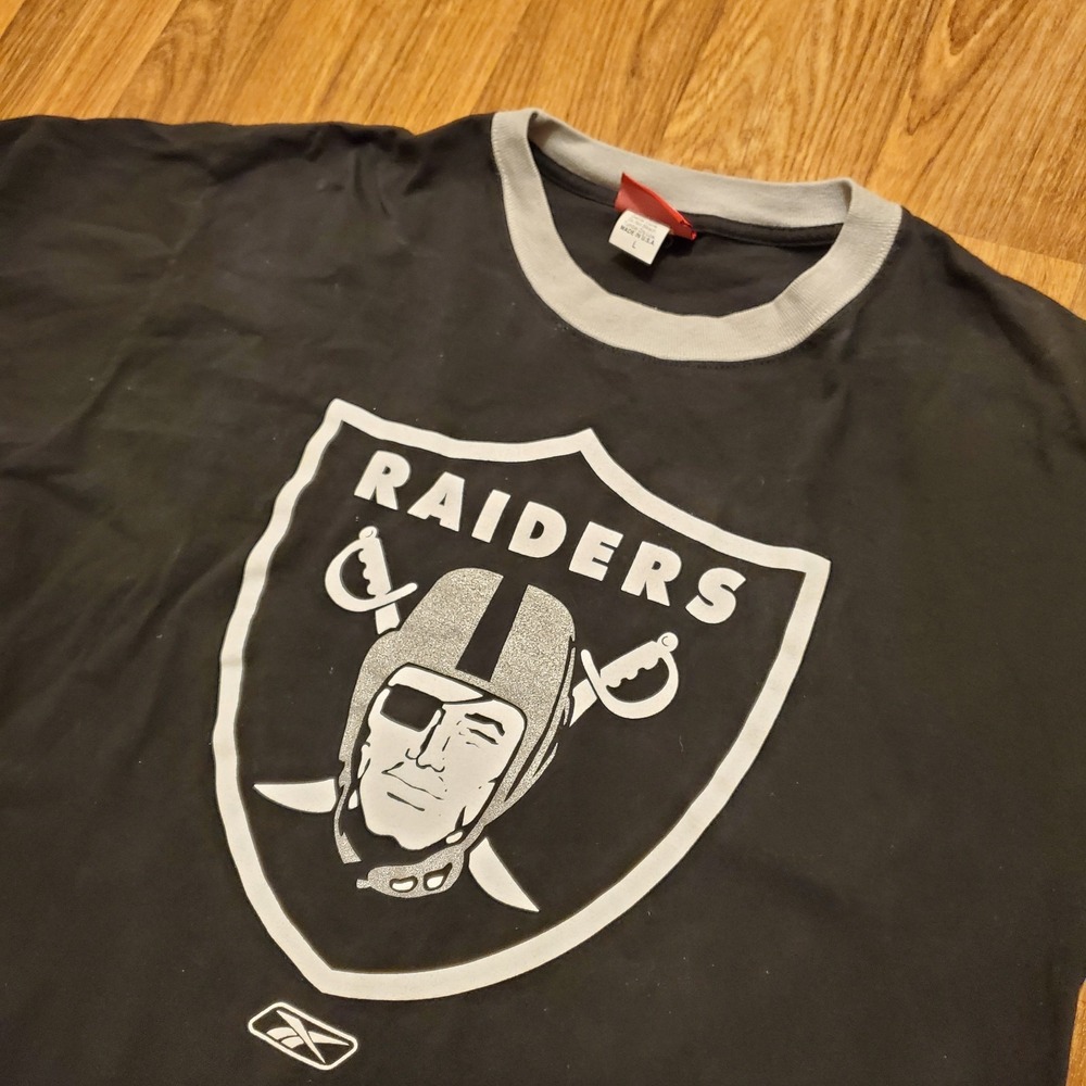 Vtg Las Vegas Raiders Shirt Men Large Black Gray‎ Big Logo Reebok Oakland Y2K